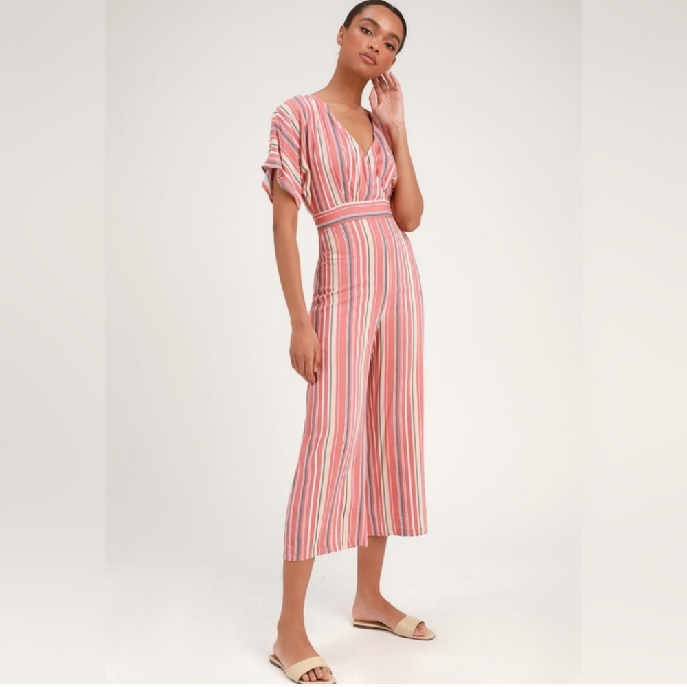 Lulu's Vacation Bae Rusty Rose Striped Short Sleeve Jumpsuit